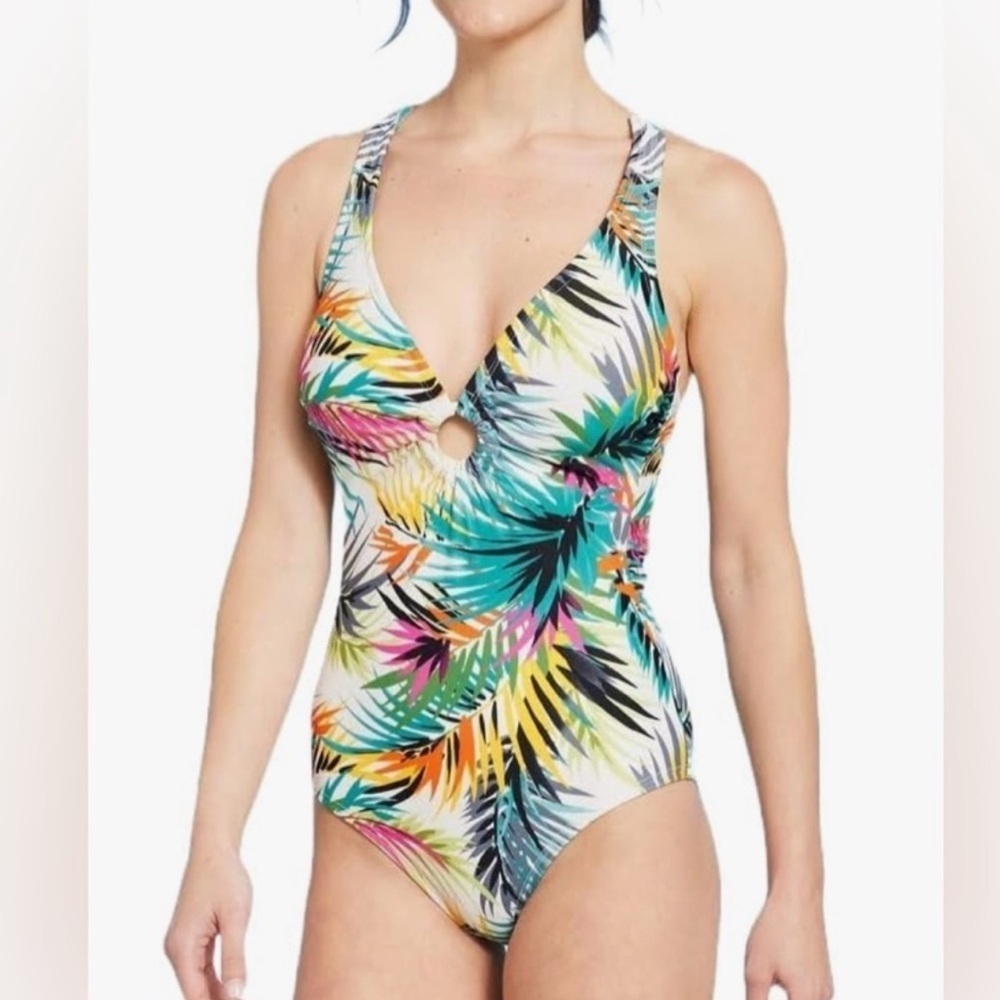 Shade & Shore Women's Plunge Ring Detail One Piece Swimsuit Tropical Xs